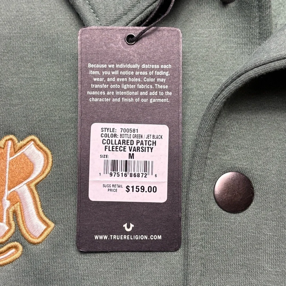 NEW True Religion Collared Patch Fleece Varsity Jacket Mens Medium M MSRP $159